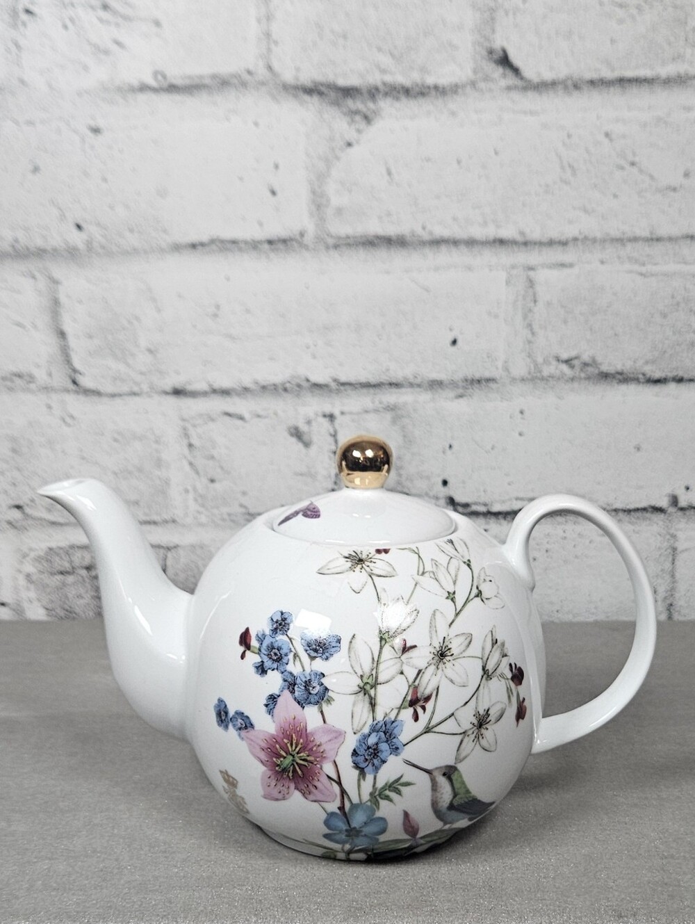 Fringe Studio Floral Bird Ceramic Teapot Gold Lid White Botanical Tea Pot